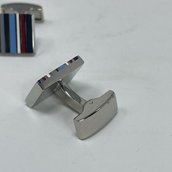 TR Cufflinks Mens Silvertone Stripe Blue Gray Red White Square In-Box - Picture 2 of 8
